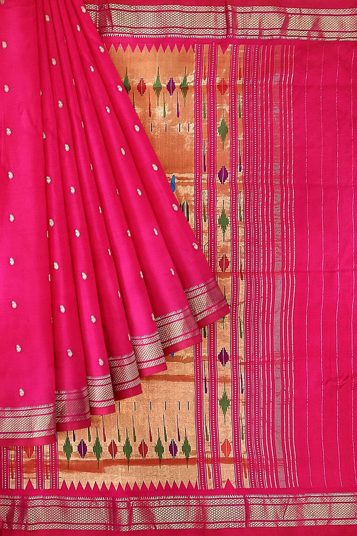 Handwoven Paithani pure silk saree in pink with small mango motifs