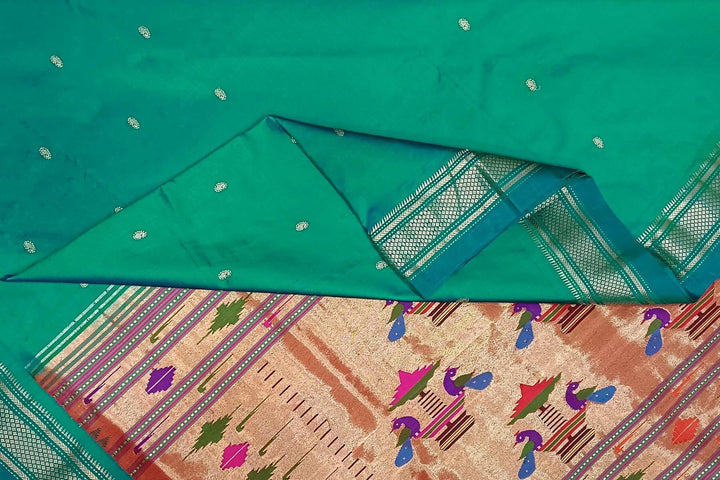 Handwoven Paithani pure silk saree in rama green with mango motifs