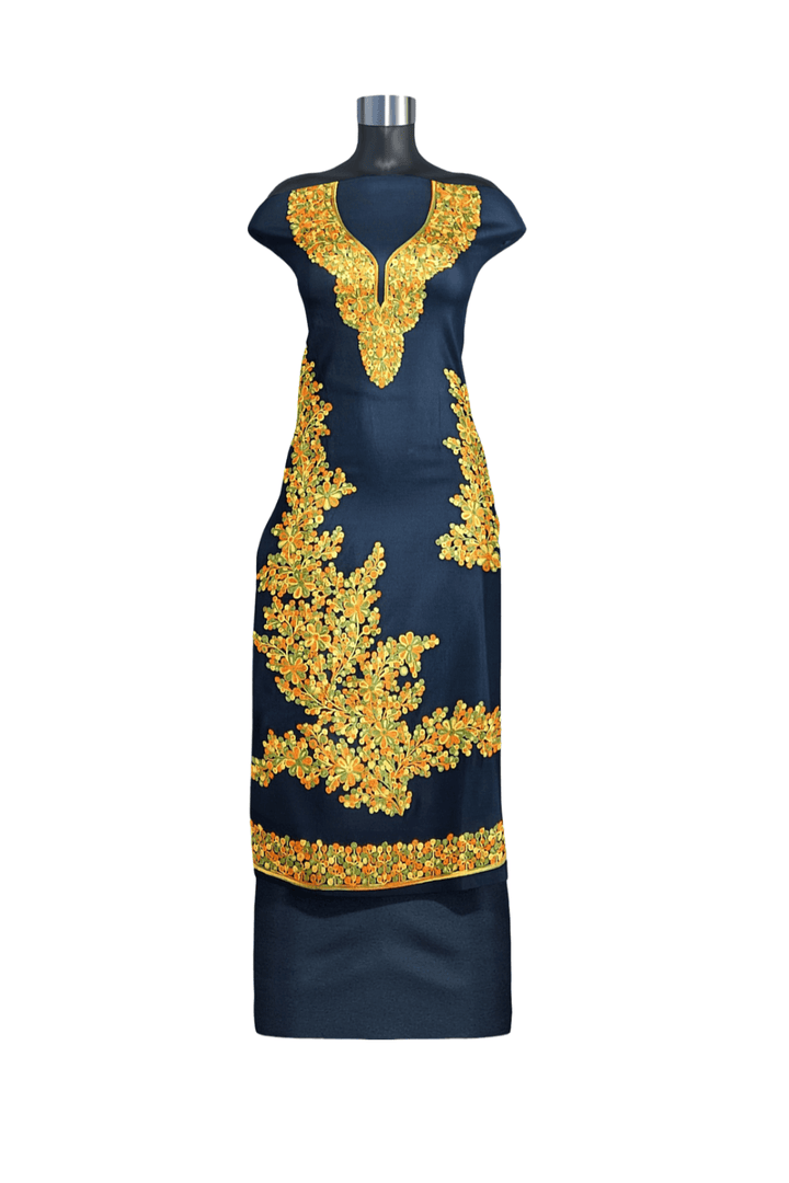 Crepe silk salwar suit material with Kashmiri hand embroidery.