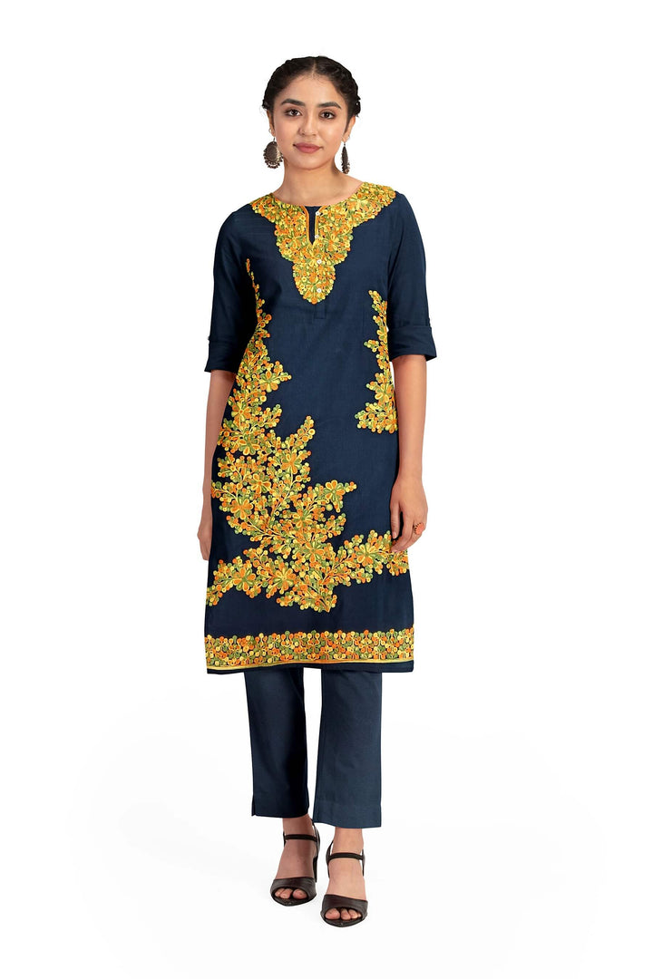 Crepe silk salwar suit material with Kashmiri hand embroidery.
