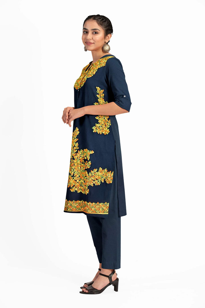 Crepe silk salwar suit material with Kashmiri hand embroidery.
