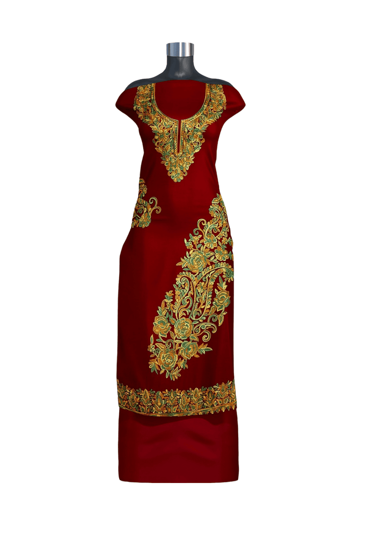Crepe silk salwar suit material with Kashmiri hand embroidery.