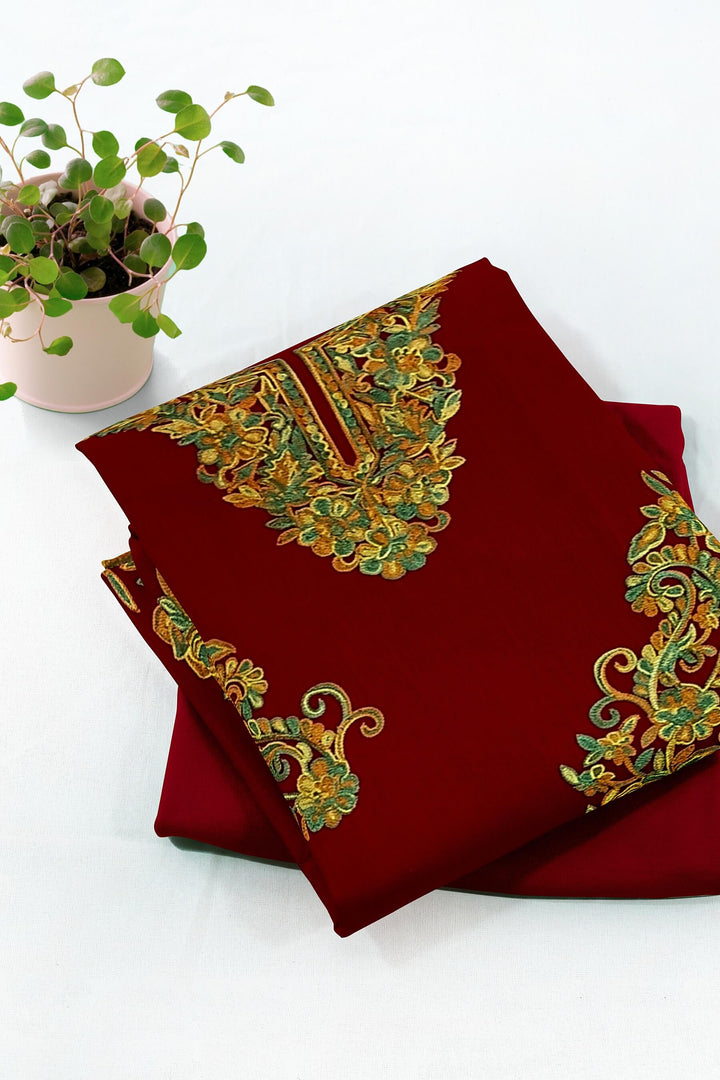 Crepe silk salwar suit material with Kashmiri hand embroidery.
