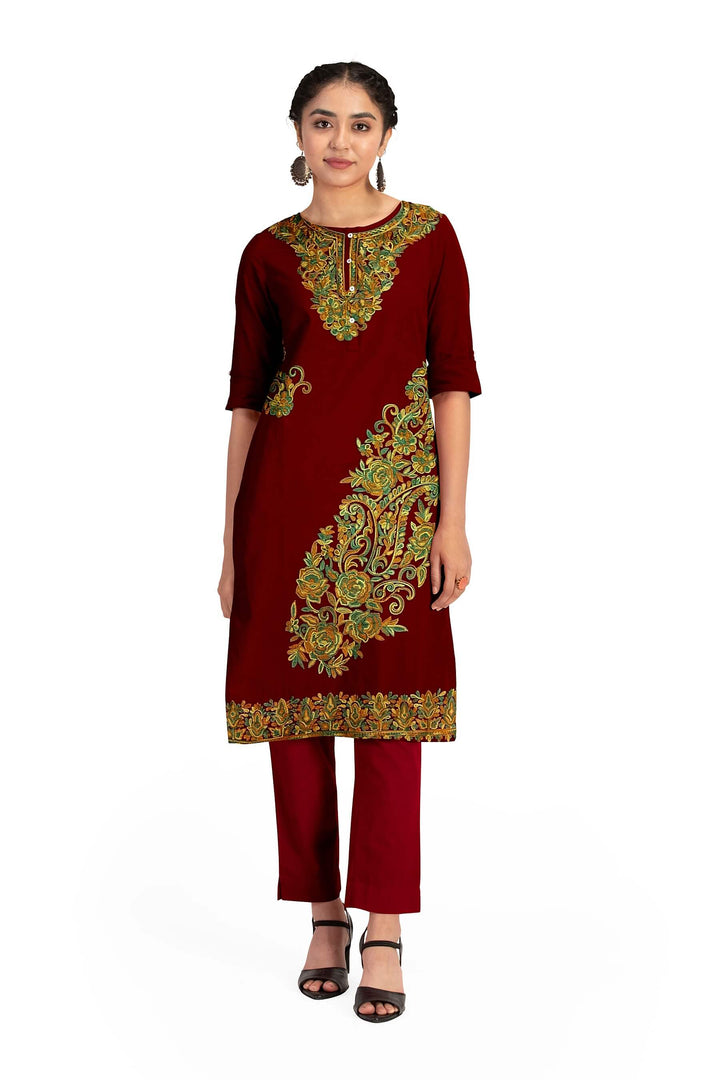 Crepe silk salwar suit material with Kashmiri hand embroidery.
