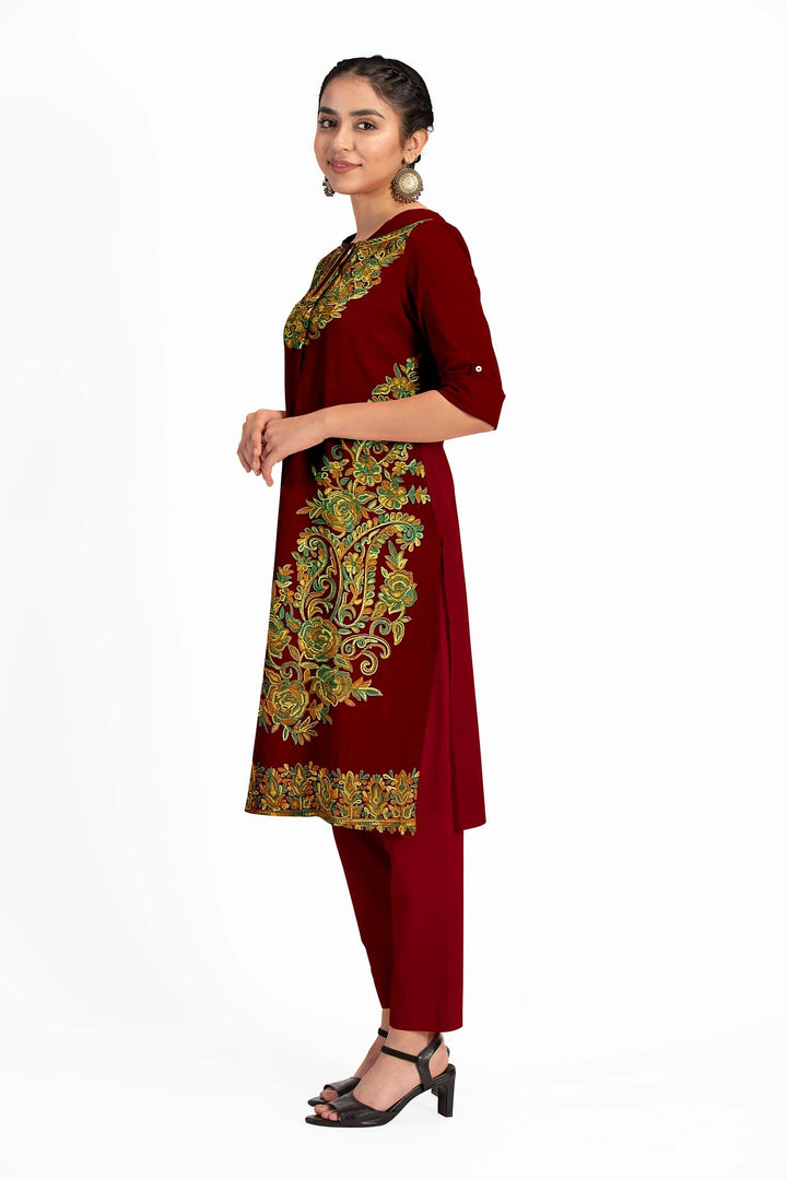 Crepe silk salwar suit material with Kashmiri hand embroidery.
