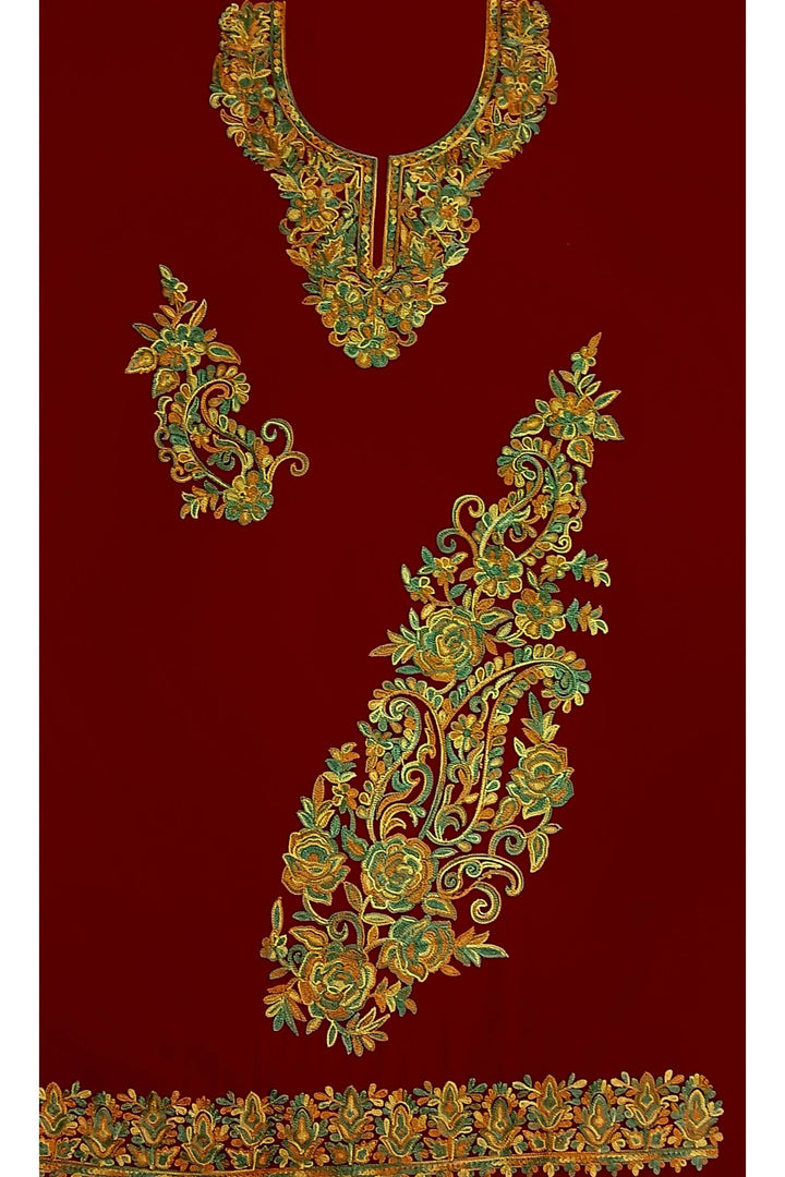 Crepe silk salwar suit material with Kashmiri hand embroidery.