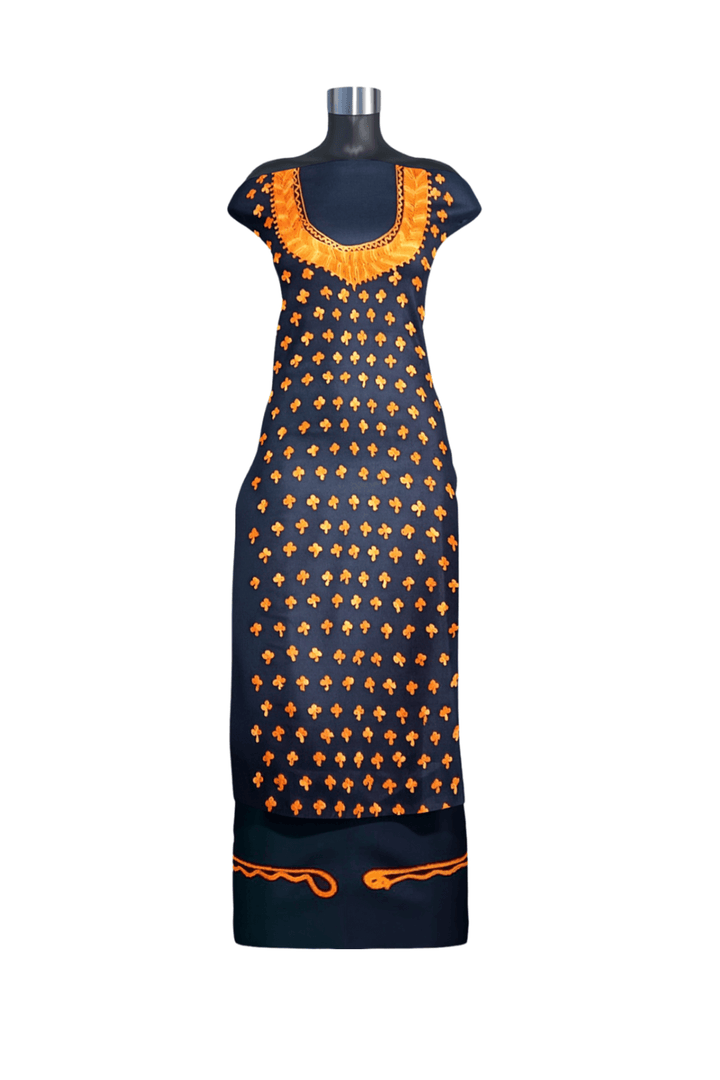 Crepe silk salwar suit material with Kashmiri hand embroidery.
