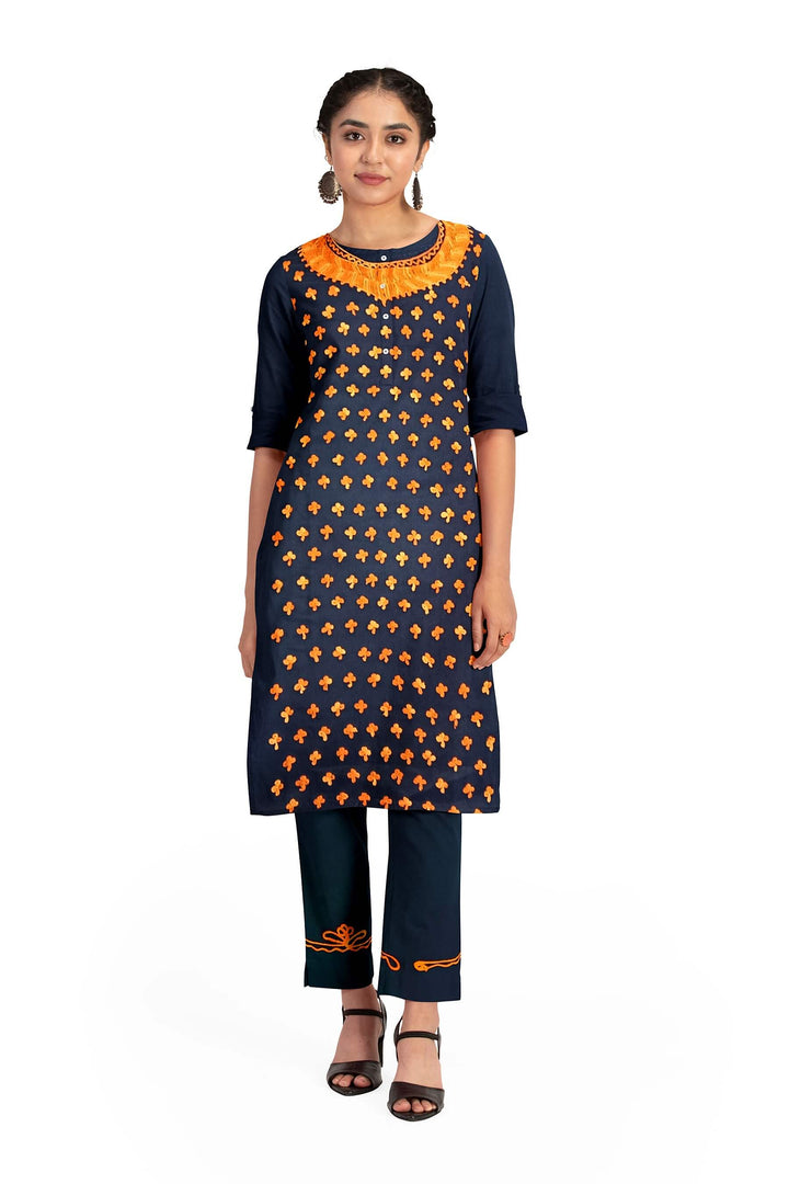 Crepe silk salwar suit material with Kashmiri hand embroidery.