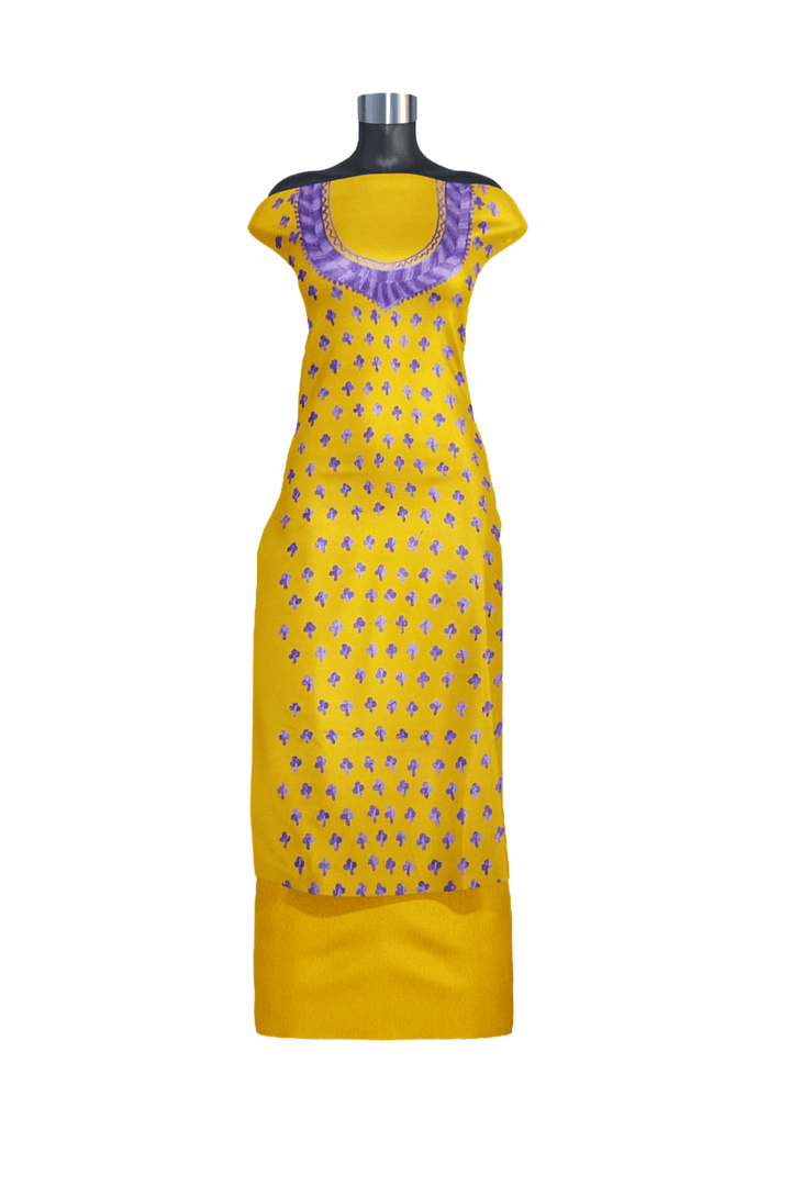 Crepe silk salwar suit material with Kashmiri hand embroidery.