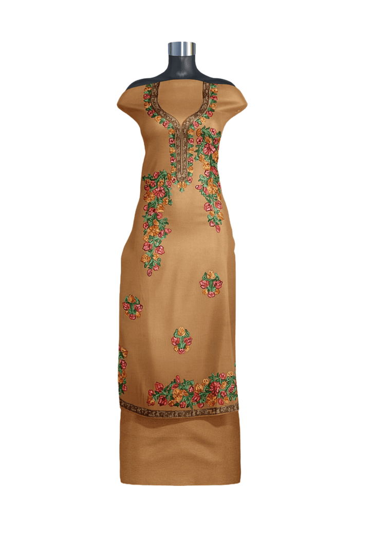 Crepe silk salwar suit material with Kashmiri hand embroidery.