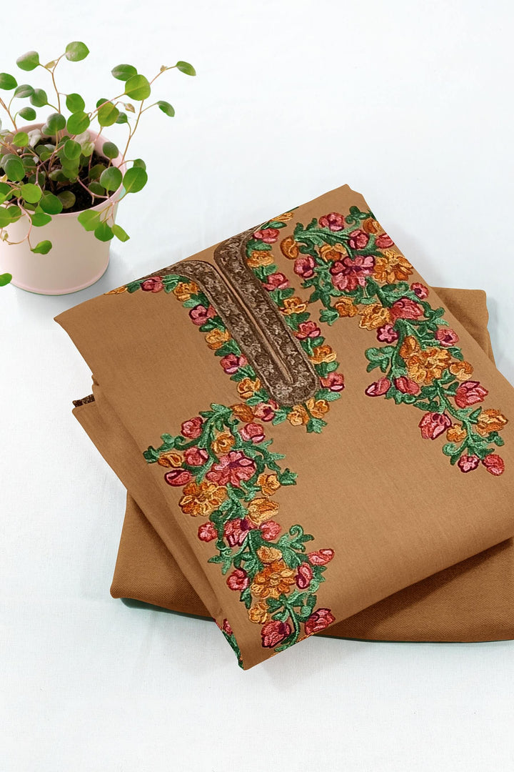 Crepe silk salwar suit material with Kashmiri hand embroidery.