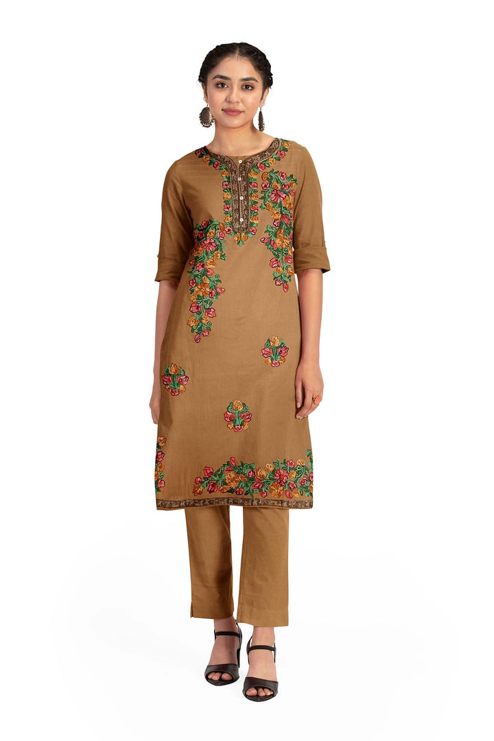 Crepe silk salwar suit material with Kashmiri hand embroidery.