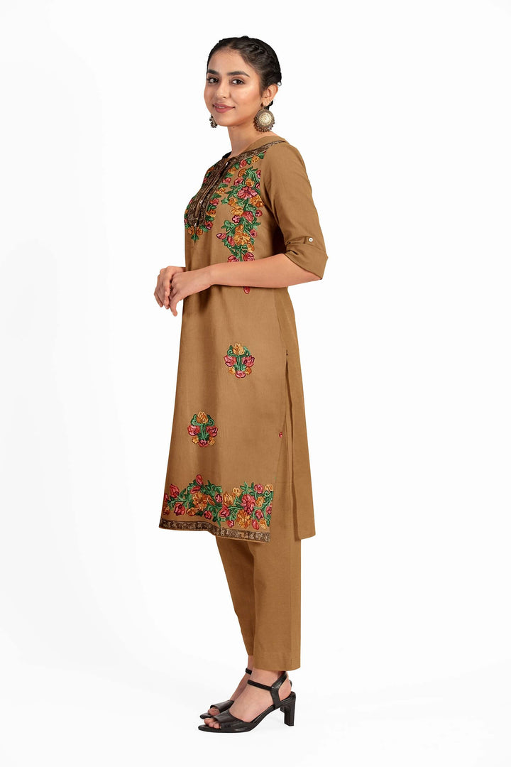 Crepe silk salwar suit material with Kashmiri hand embroidery.