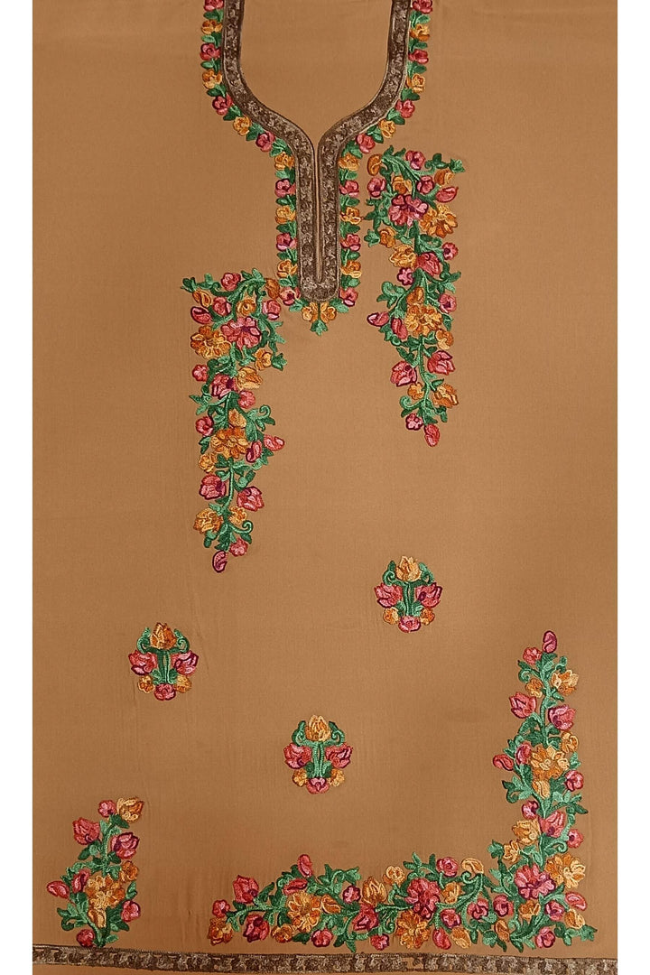 Crepe silk salwar suit material with Kashmiri hand embroidery.