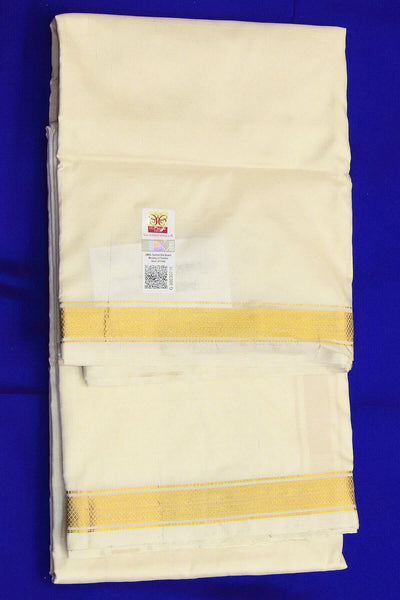 Pure silk Dhoti /Panche  and Angavastram/Shalye  in off white  with 1 inch gold border