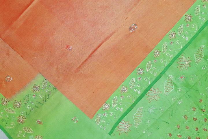 Pure silk saree in peach with embroidery work  all over the body & pallu