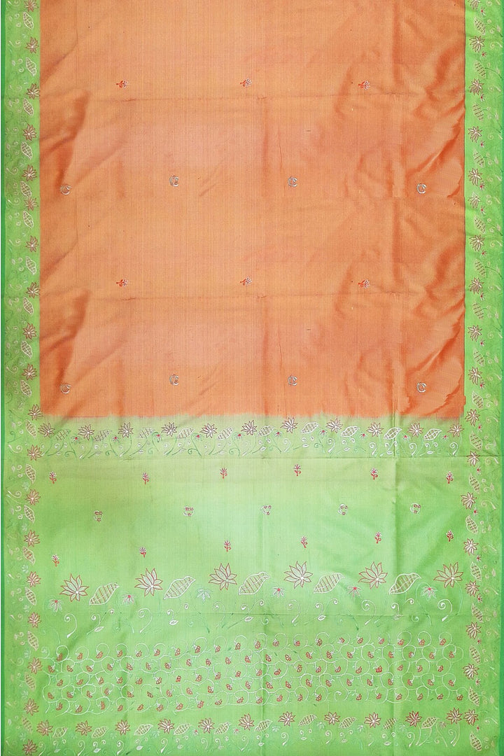 Pure silk saree in peach with embroidery work  all over the body & pallu