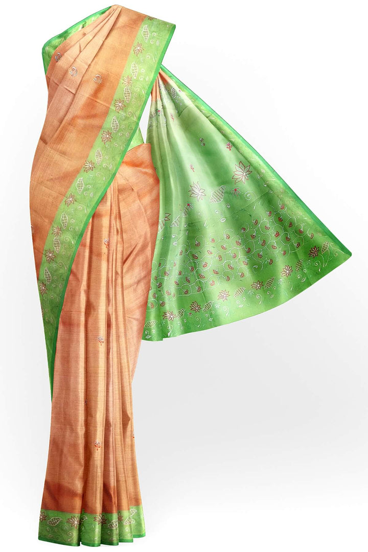 Pure silk saree in peach with embroidery work  all over the body & pallu