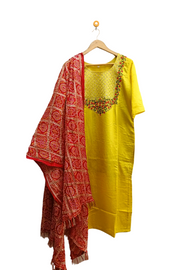 Muslin  2 piece   kurta & dupatta set in yellow with embroidery work