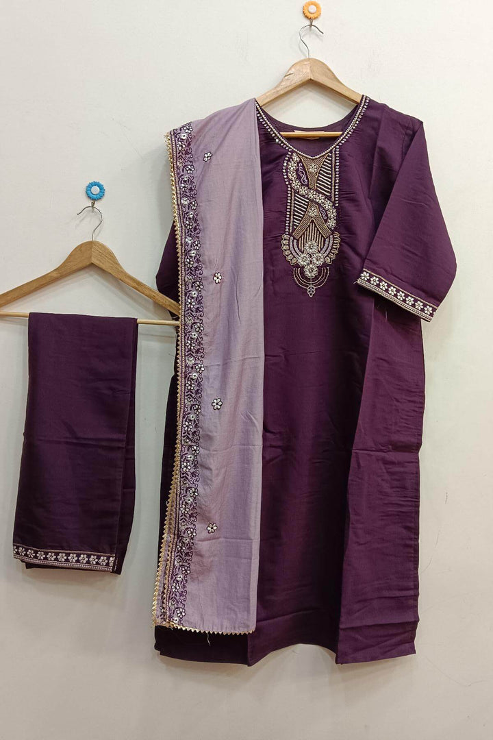 Muslin 3 piece kurta set (top ,  bottom & dupatta ) in wine colour