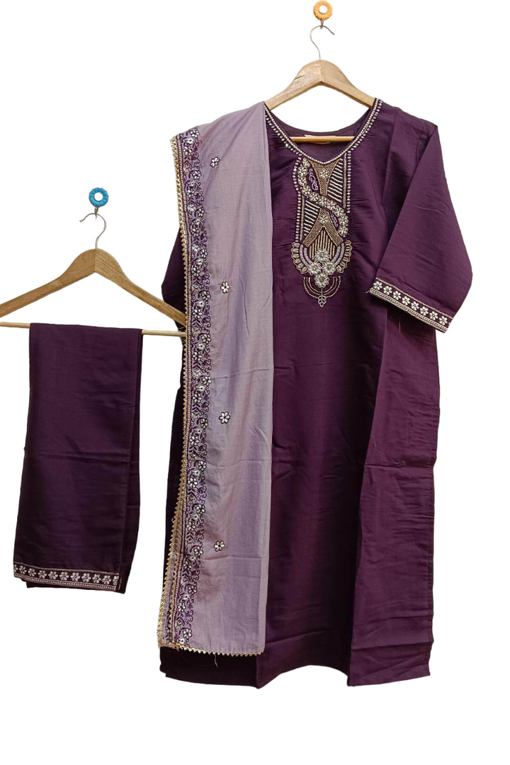 Muslin 3 piece kurta set (top ,  bottom & dupatta ) in wine colour