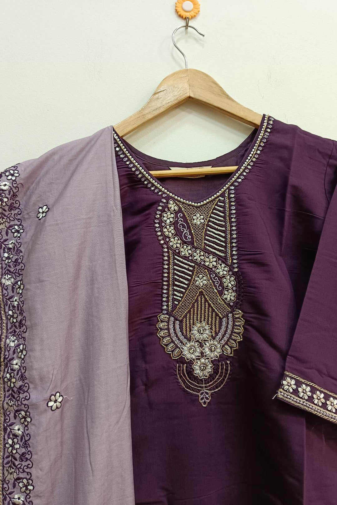 Muslin 3 piece kurta set (top ,  bottom & dupatta ) in wine colour