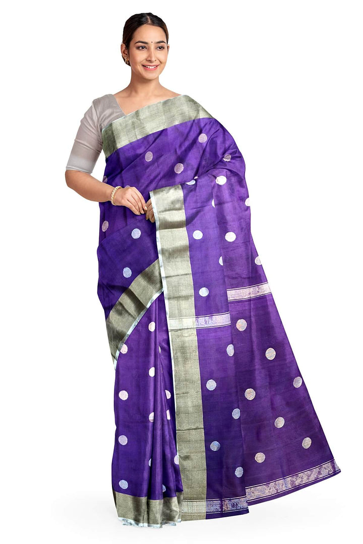 Handwoven Uppada pure silk saree in blue berry with round motifs