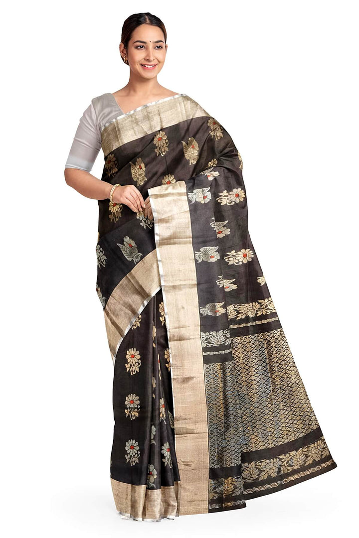 Handwoven Uppada pure silk saree in black with  floral motifs .