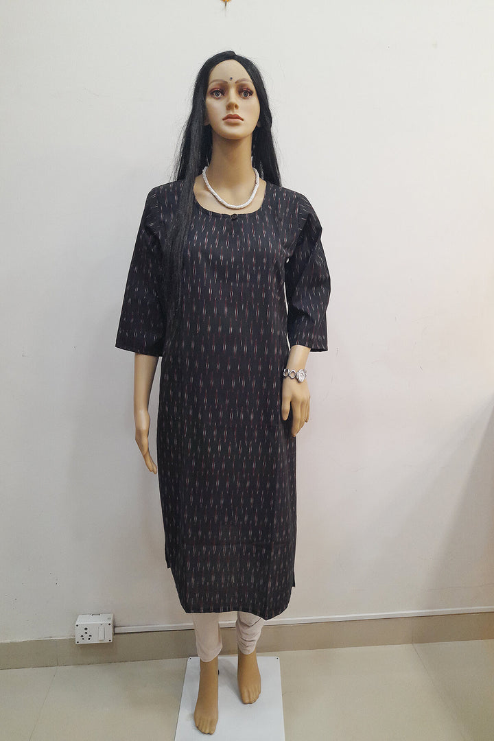 Handwoven ikat cotton kurti in straight cut in black