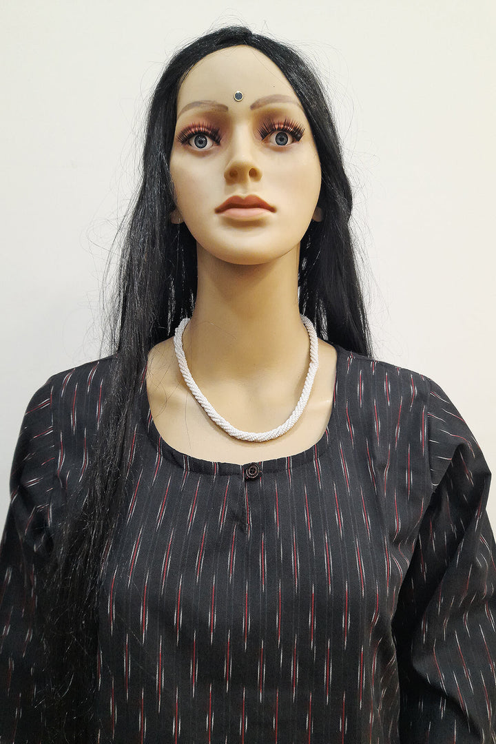 Handwoven ikat cotton kurti in straight cut in black