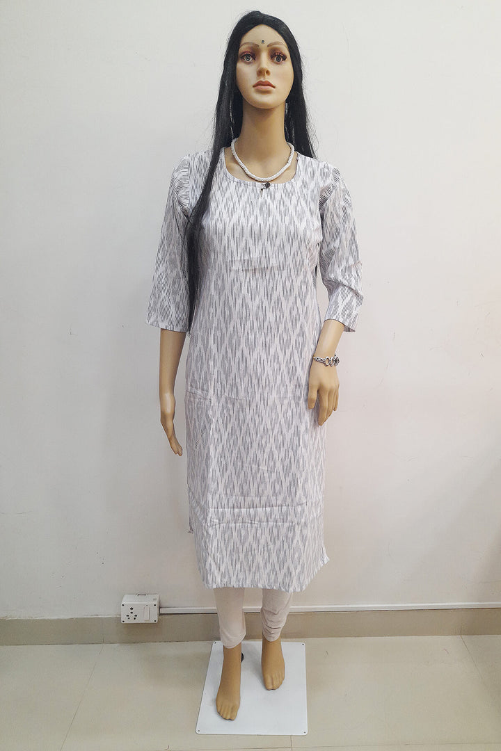 Handwoven ikat cotton kurti in straight cut in white