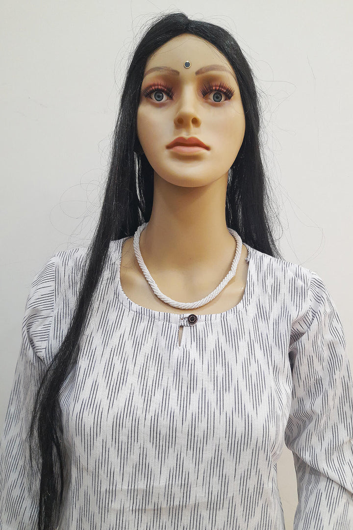 Handwoven ikat cotton kurti in straight cut in white