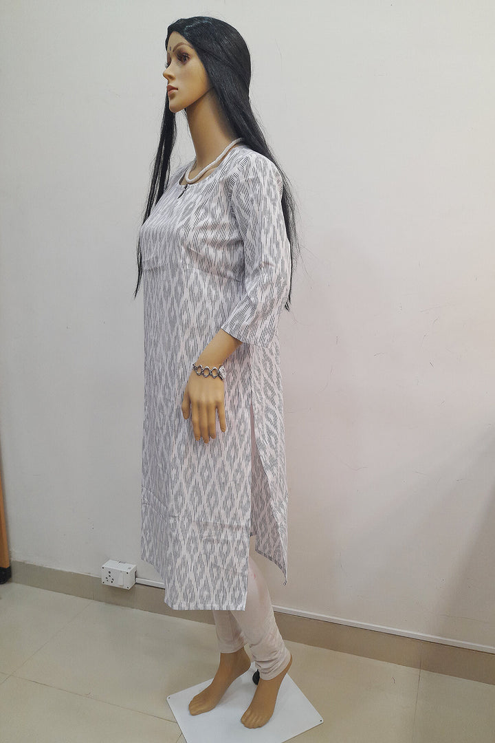 Handwoven ikat cotton kurti in straight cut in white