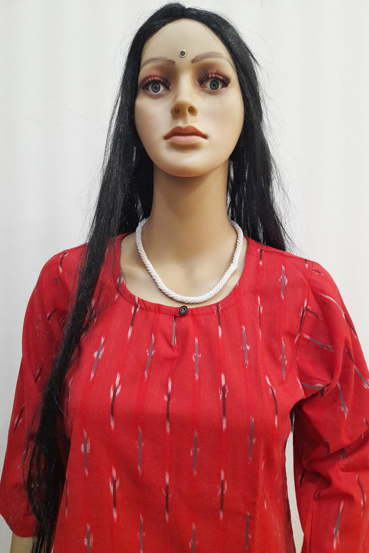 Handwoven ikat cotton kurti in straight cut in red