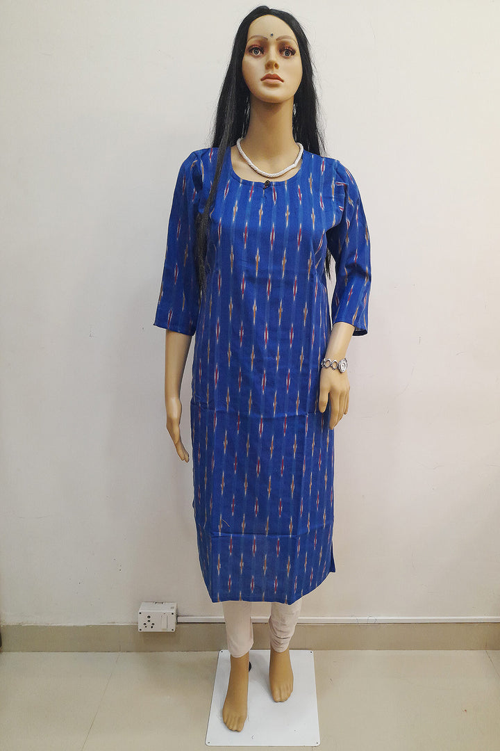 Handwoven ikat cotton kurti in straight cut in blue