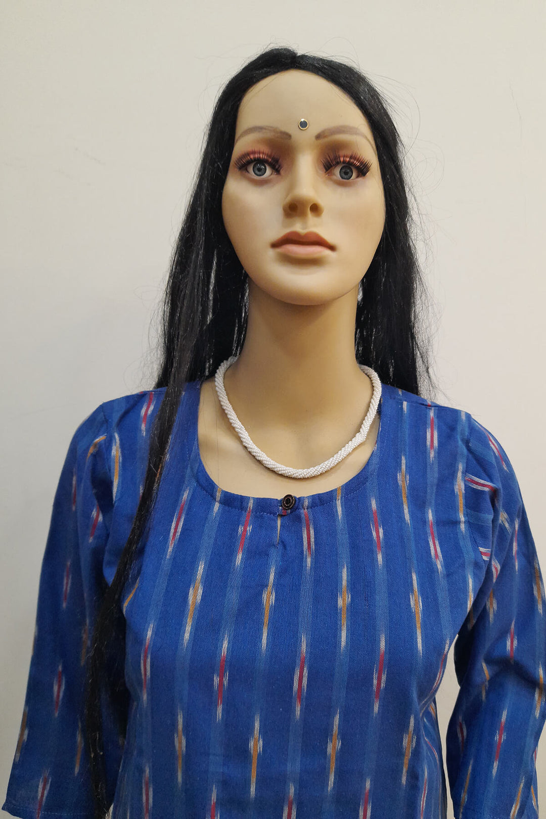 Handwoven ikat cotton kurti in straight cut in blue