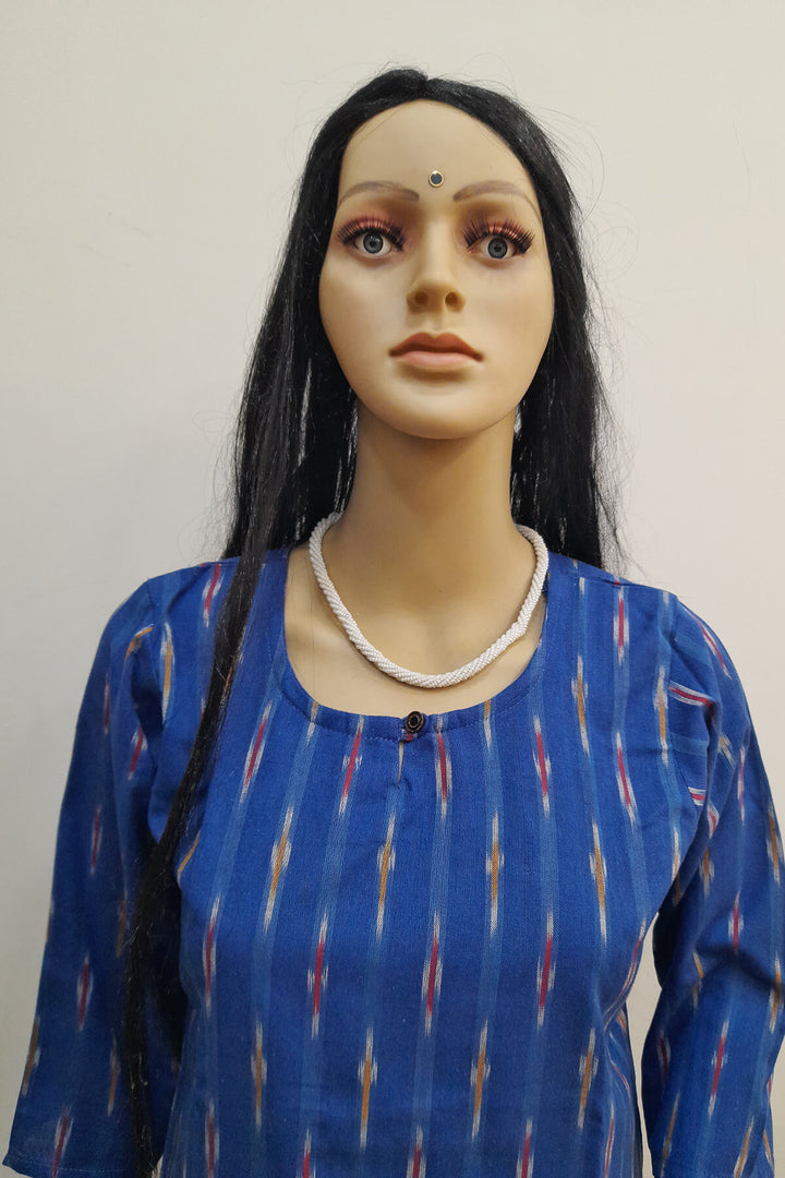 Handwoven ikat cotton kurti in straight cut in blue
