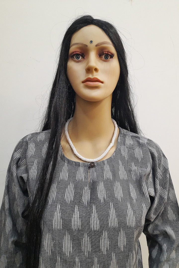 Handwoven ikat cotton kurti in straight cut in grey