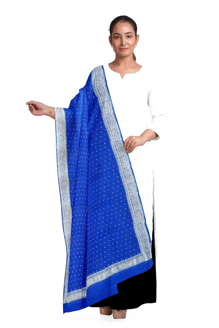 Banarasi chiffon dupatta in blue with silver zari border