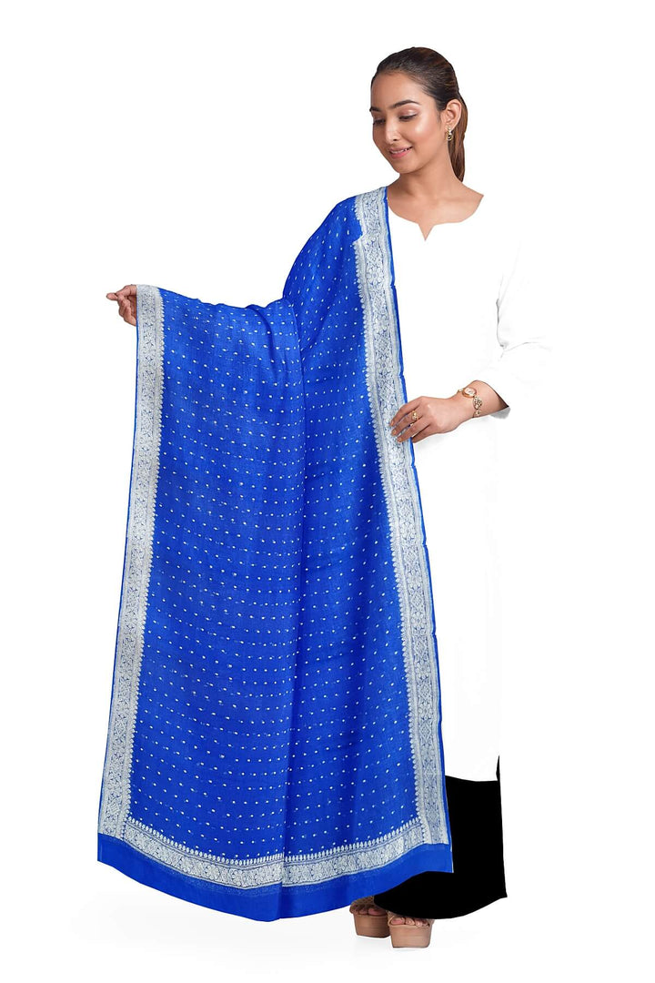 Banarasi chiffon dupatta in blue with silver zari border