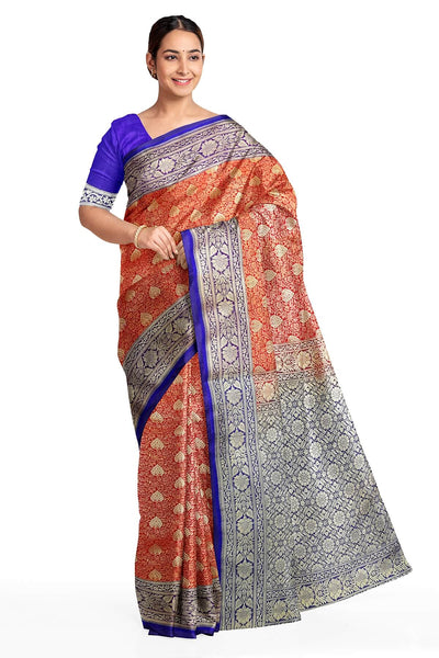 Handloom Banarasi silk saree in satin weave in red with floral motifs all over the body.