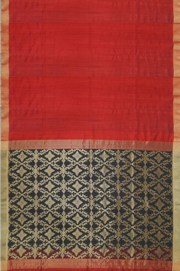 Matka silk saree in red with a  jamdani weave pallu in geometric pattern