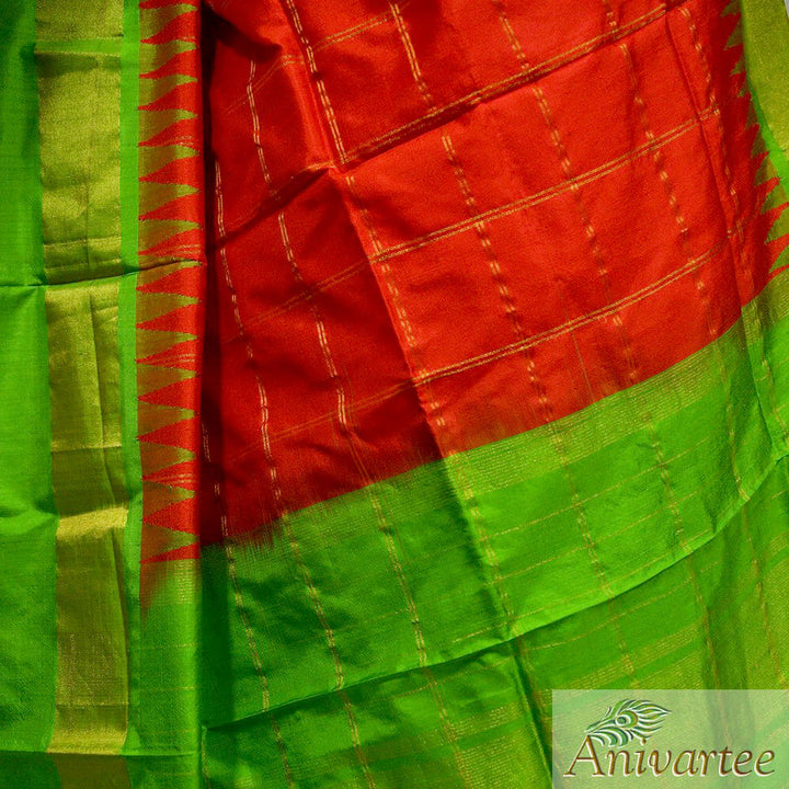 Handloom Gadwal pure silk dupatta in red with temple border