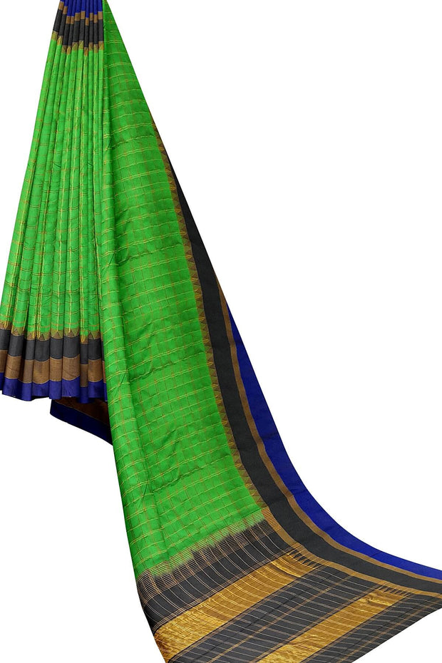 Handwoven Gadwal pure silk saree  in green in checks pattern