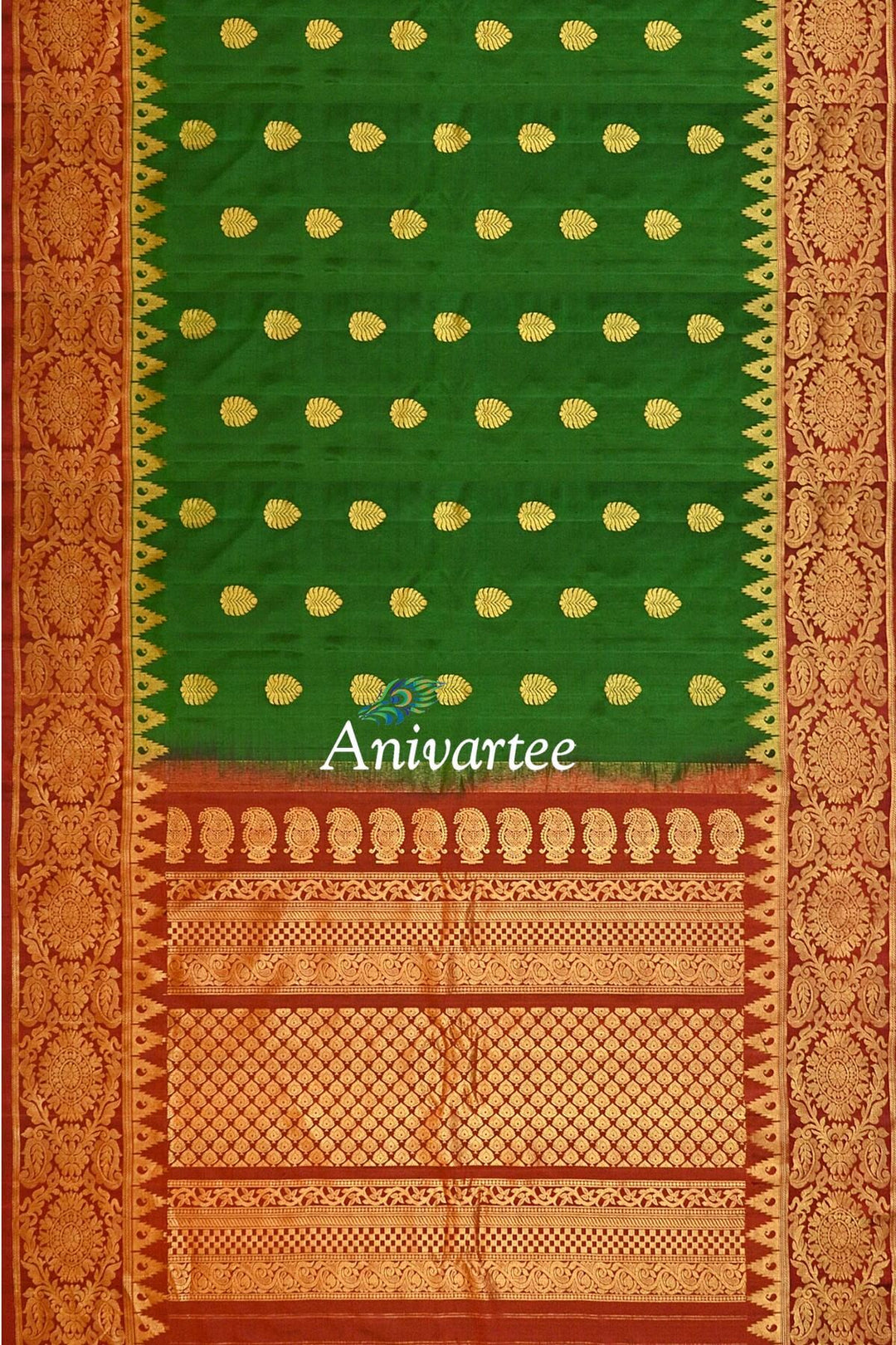 Handwoven Gadwal pure silk saree in bottle green with gold motifs
