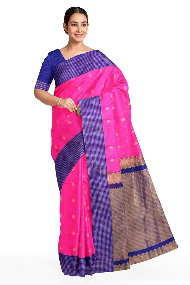 Gadwal pure silk saree in pink and blue checks border