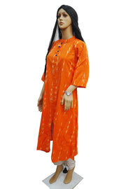 Handwoven Ikat cotton kurta in collar neck type in orange