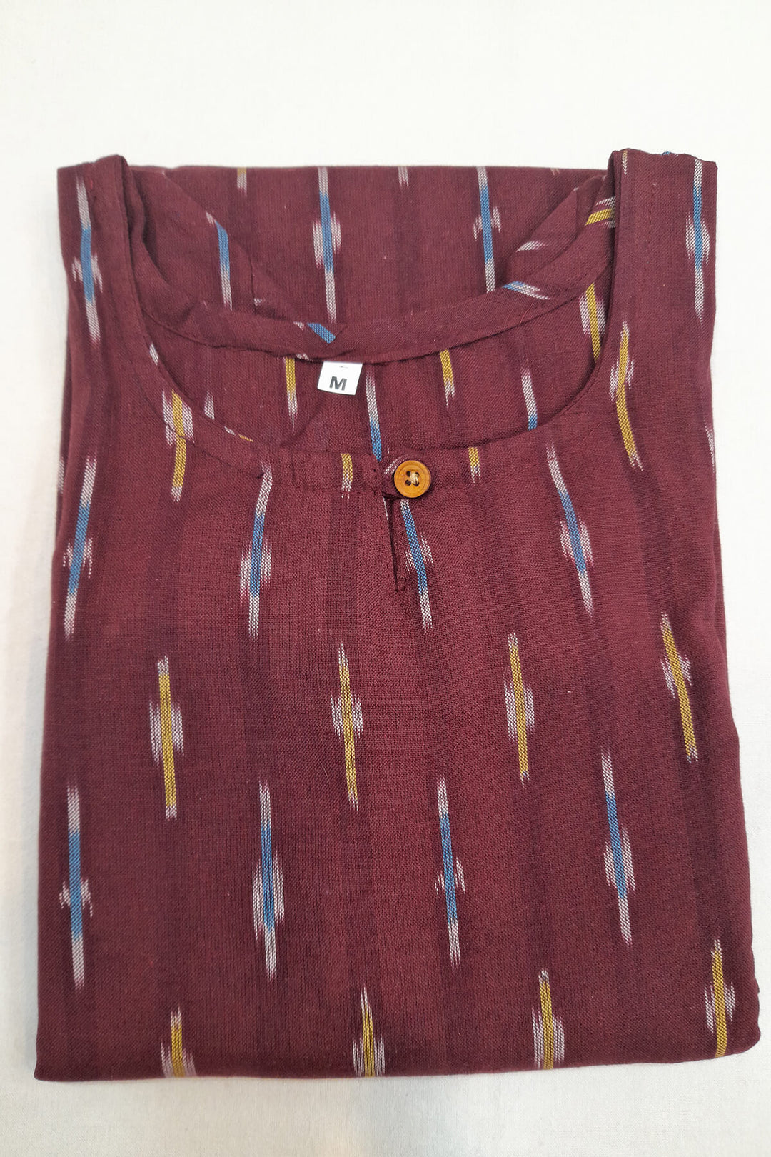 Handwoven ikat cotton kurti in straight cut in maroon