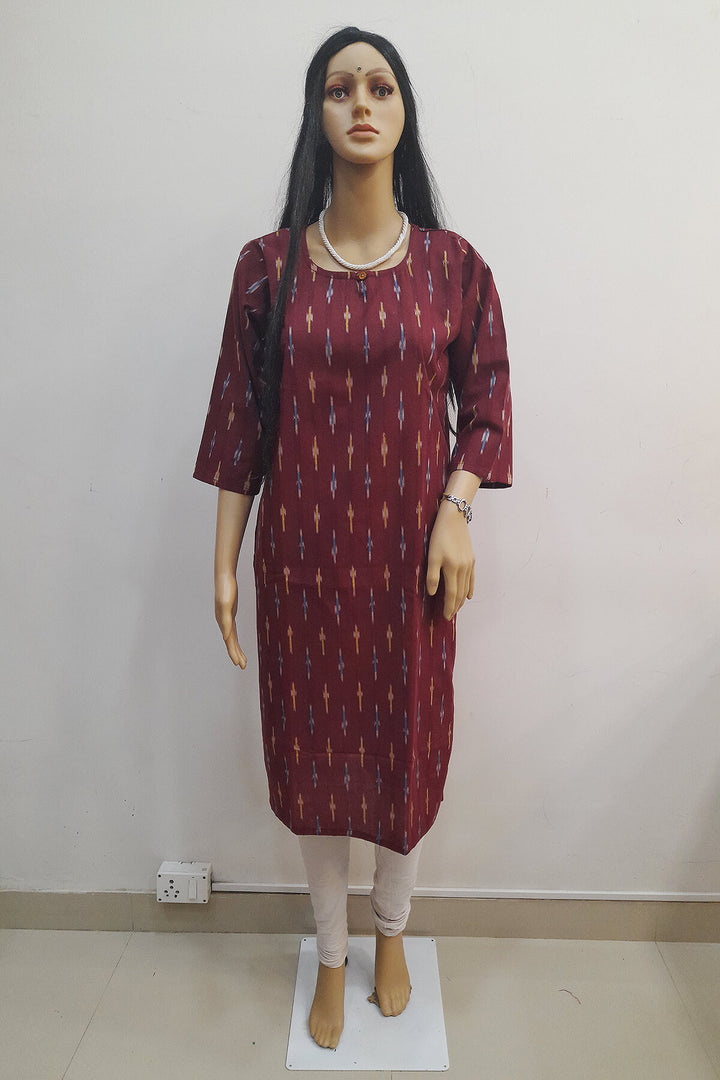 Handwoven ikat cotton kurti in straight cut in maroon