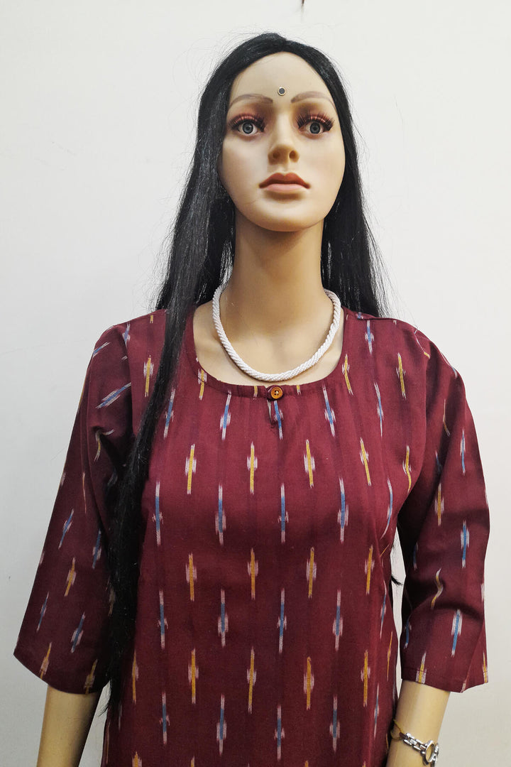 Handwoven ikat cotton kurti in straight cut in maroon